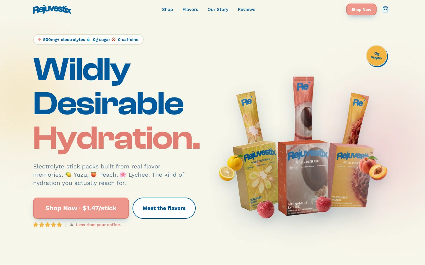 Rejuvestix storefront hero: Wildly Desirable Hydration, with the three flavor boxes