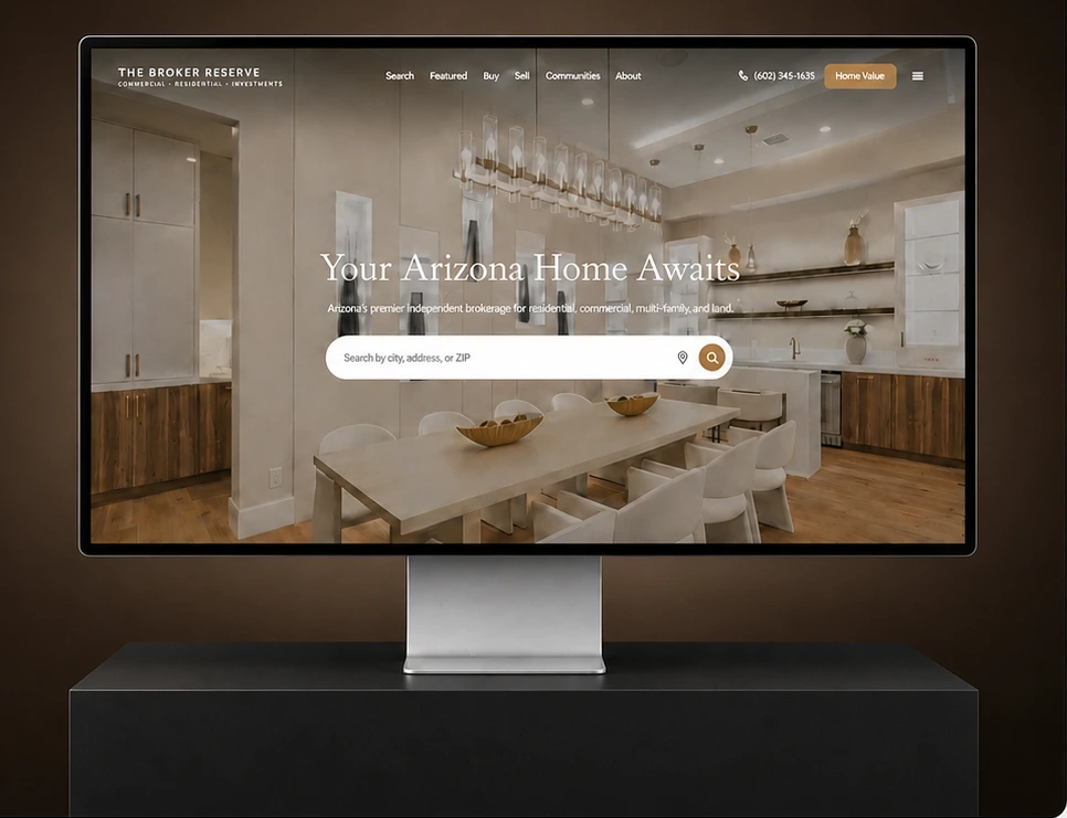 The Broker Reserve website shown on a studio display: Your Arizona Home Awaits
